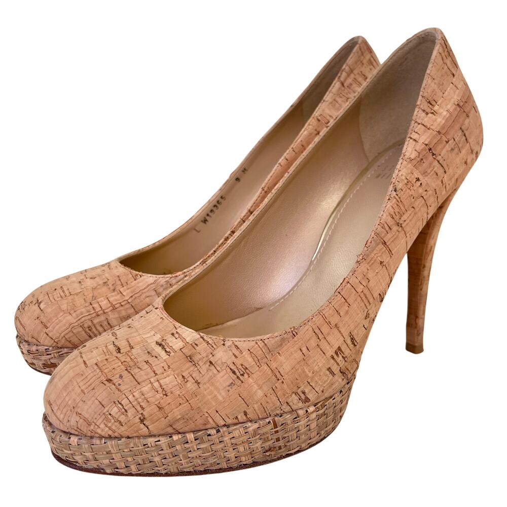 Stuart Weitzman Cork Raffia Natural Beige Round Toe Platform Heels 9